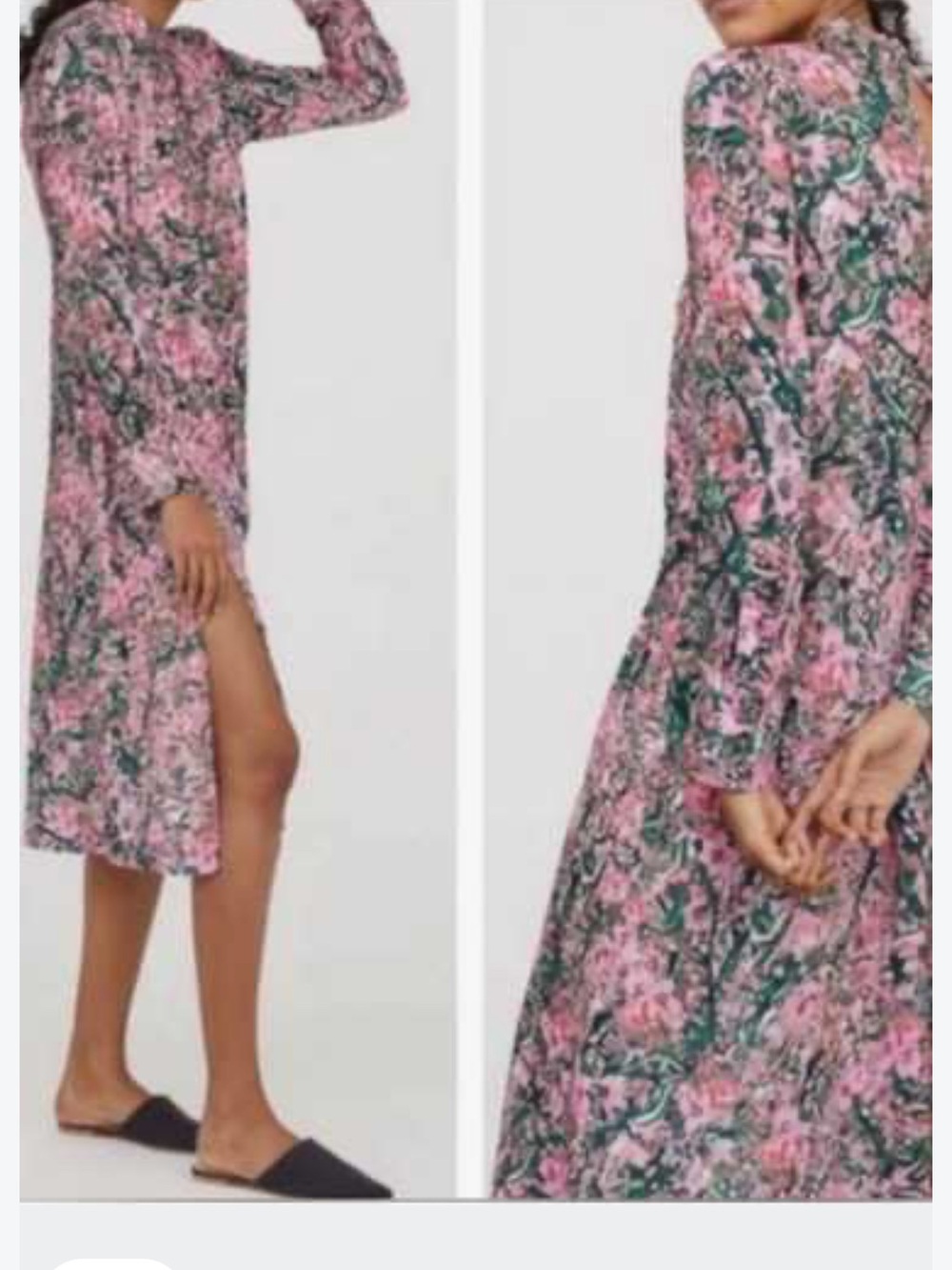 H&M Pink and Green Floral Long-Sleeve Midi Dress